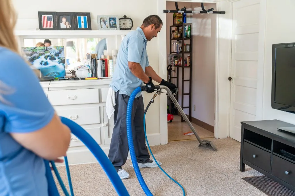 Carpet cleaning pro using vacuum to clean bedroom carpet