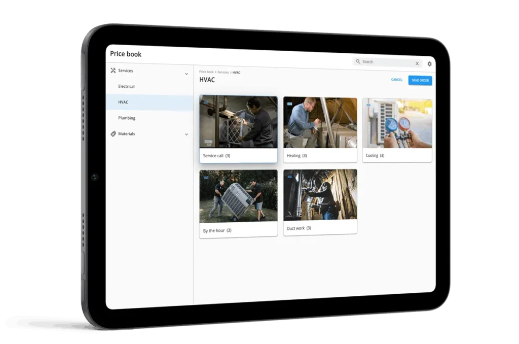 Housecall Pro HVAC pricebook tablet mock up