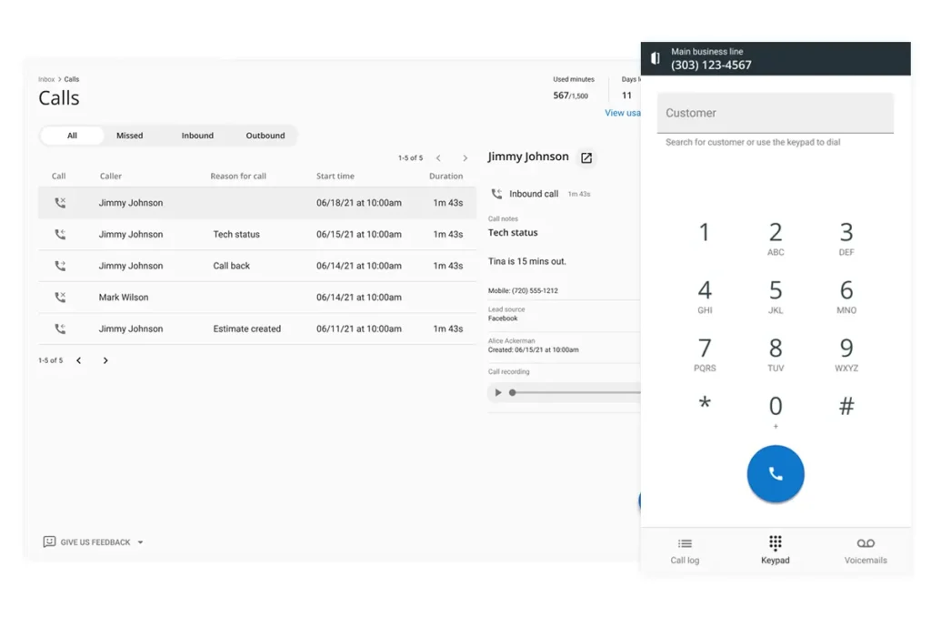 Housecall Pro call log dashboard screenshot