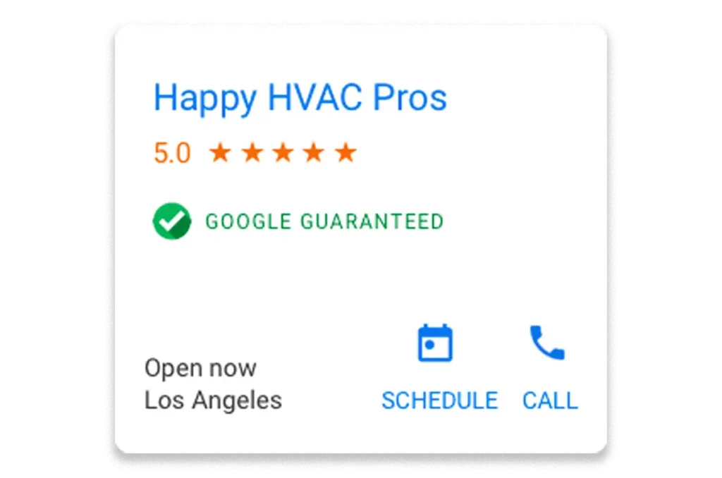 Happy HVAC Pros Google Guaranteed local service ad with scheduling and calling buttons