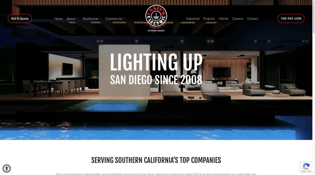 Casey's electrical services of San Diego homepage screenshot