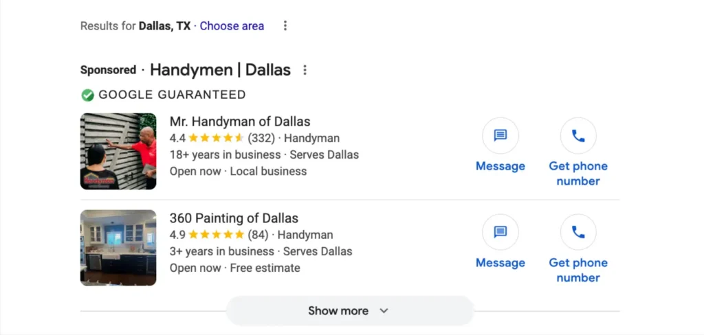 Handyman service Dallas, Tx Google Guaranteed Local Service Ads screenshot