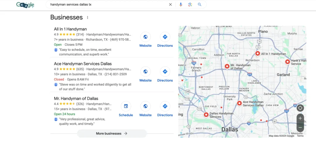 Handyman services dallas tx Google Local Map serp screenshot