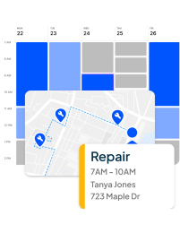 Calendar and map view showing scheduled repair appointments