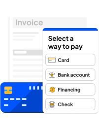 Payment options including card, bank account, financing, and check.