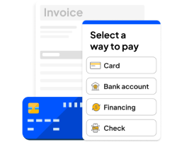 Payment options including card, bank account, financing, and check.