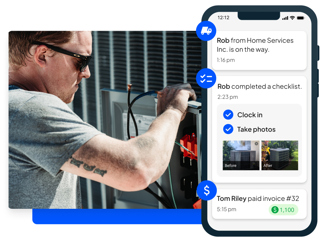 Service tech fixing ac unit on roof + Housecall Pros' HVAC field service software mobile view