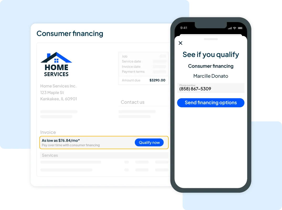 Home service invoice with consumer financing option