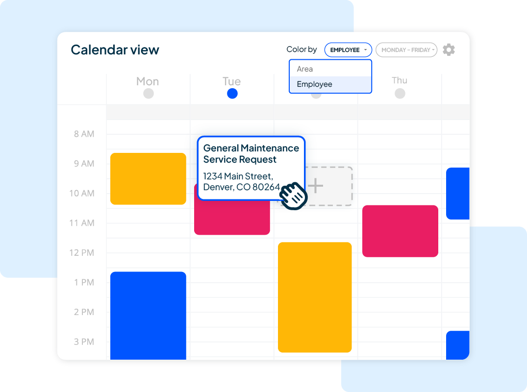 Service industry drag and drop scheduling software with color coded calendar view from Housecall Pro