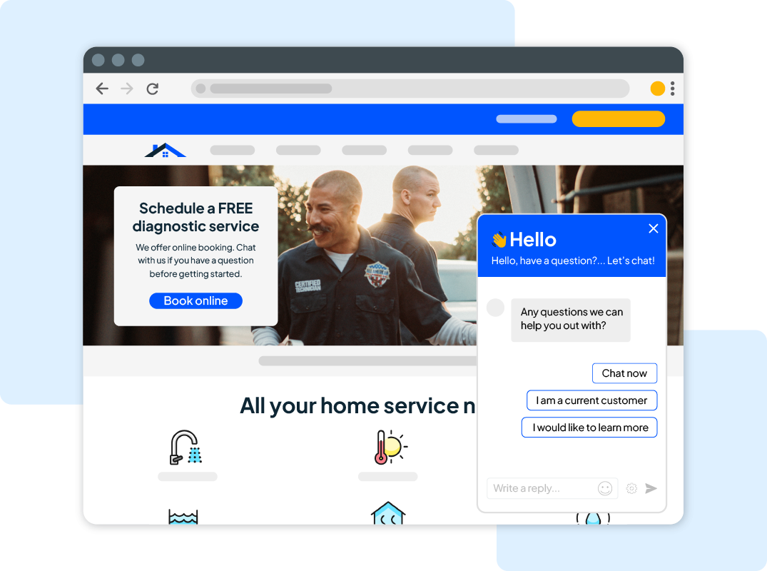 Home service website + Housecall Pro chat, and online booking integration