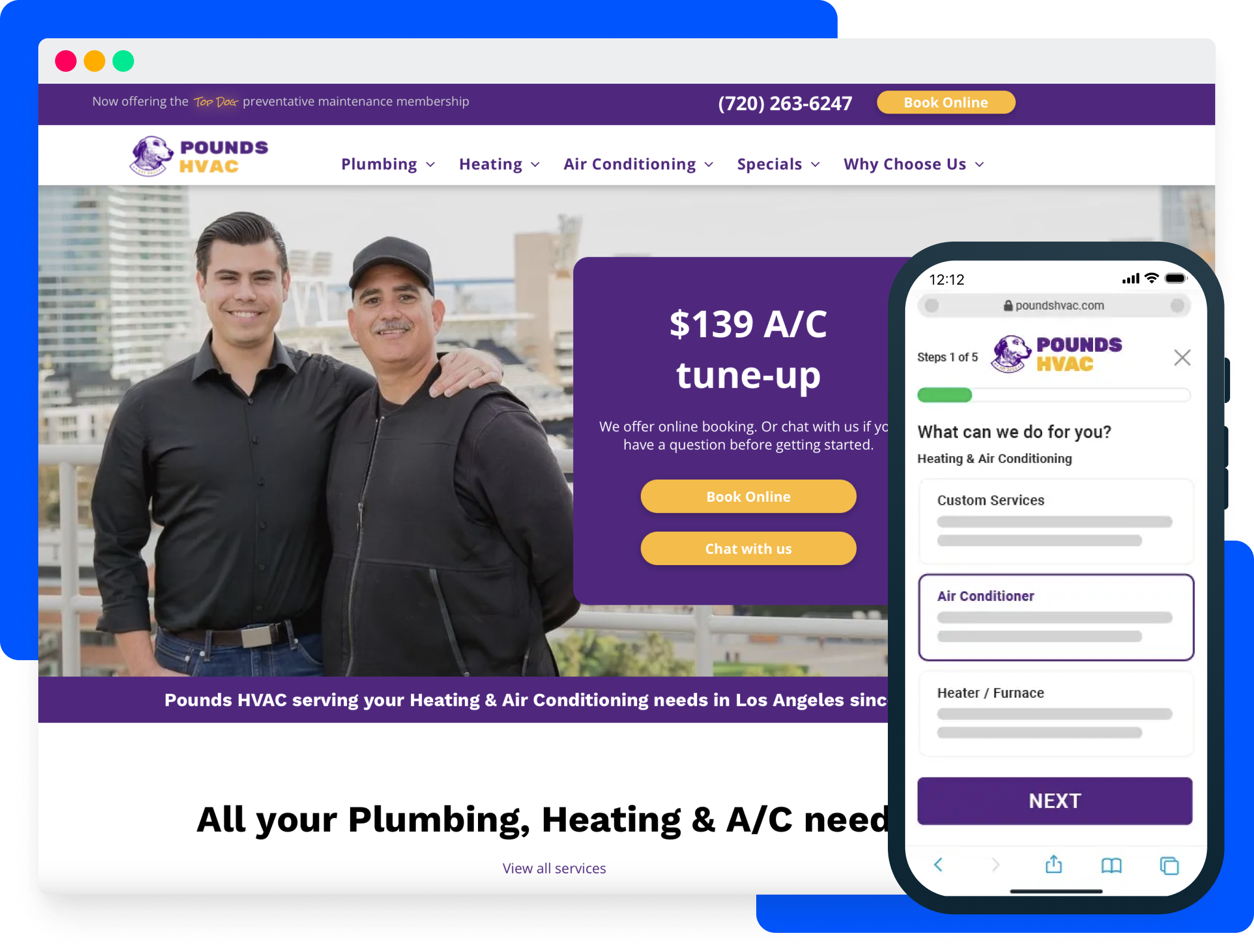 Pounds HVAC business website homepage & mobile view built by Housecall Pro